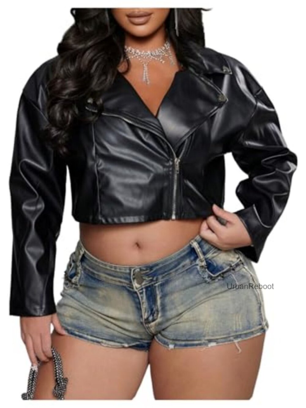 Plus Size Faux Leather Jacket Full Zip Long Sleeve Bomber Crop Motorcycle Coat
